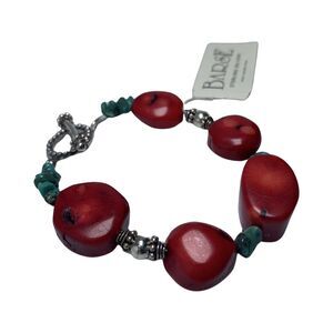 Barse Red Coral Turquoise 925 Sterling Sliver Bracelet 8" Boho Chic Bohemian